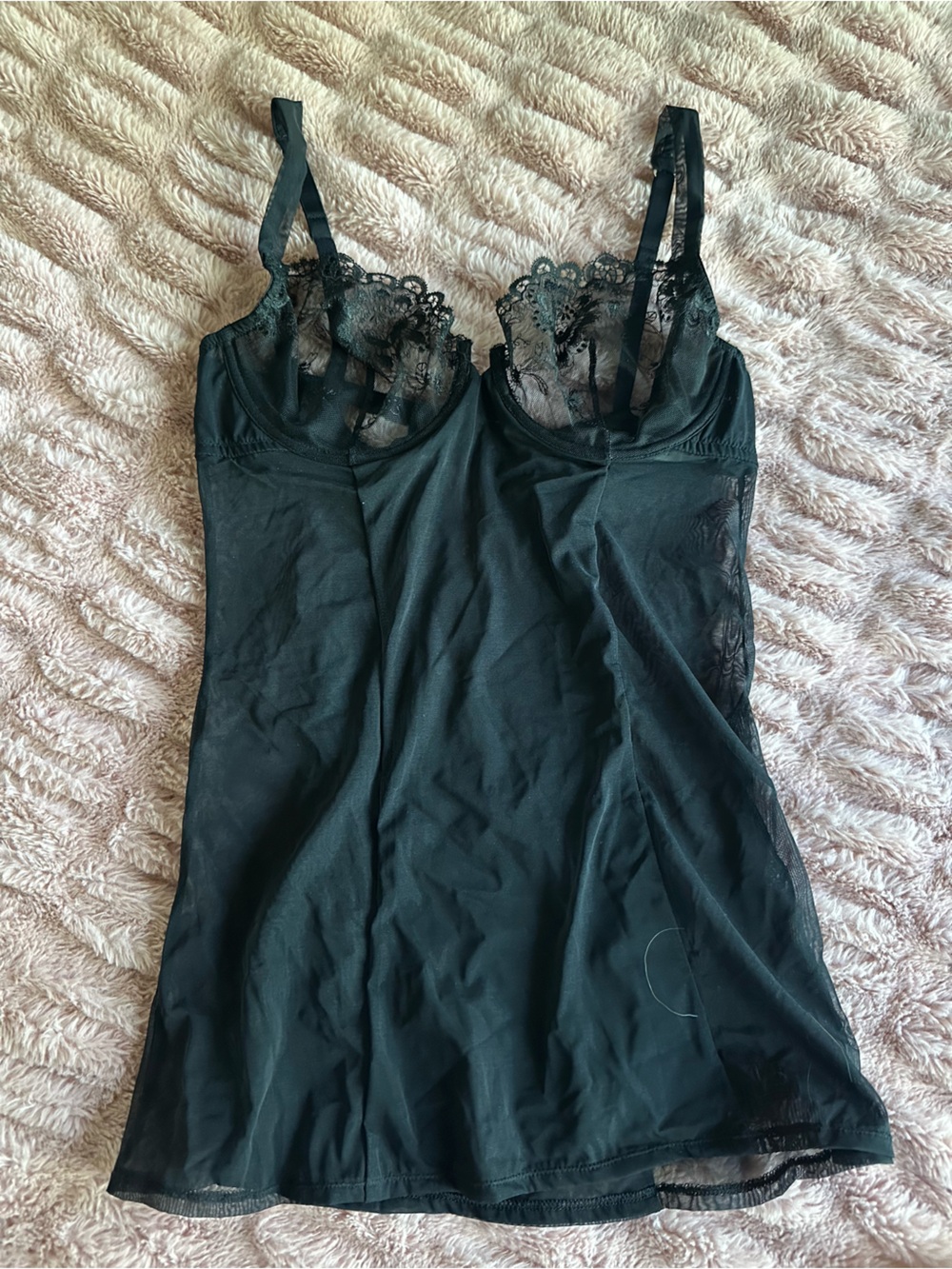 Victoria’s Secret Black Lace Mesh Bustier Garter Chemise 36C Lingerie